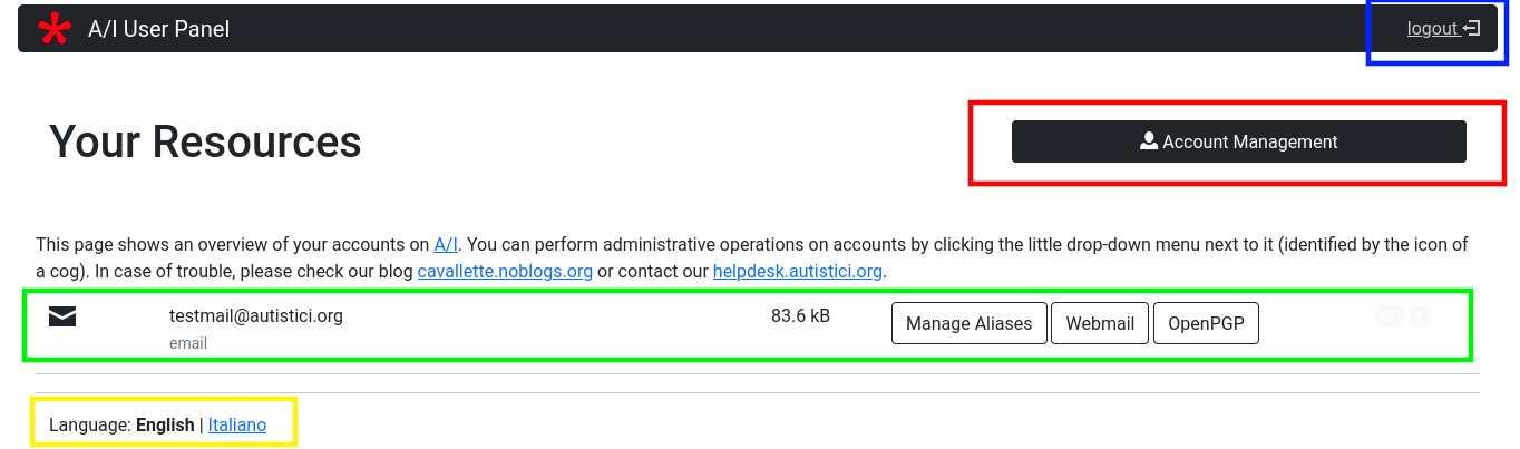 Your User Panel Main page areas