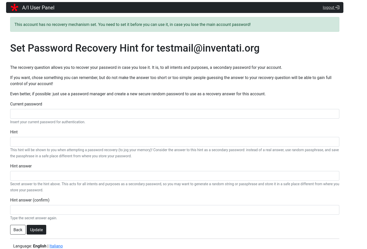 Set password recovery question